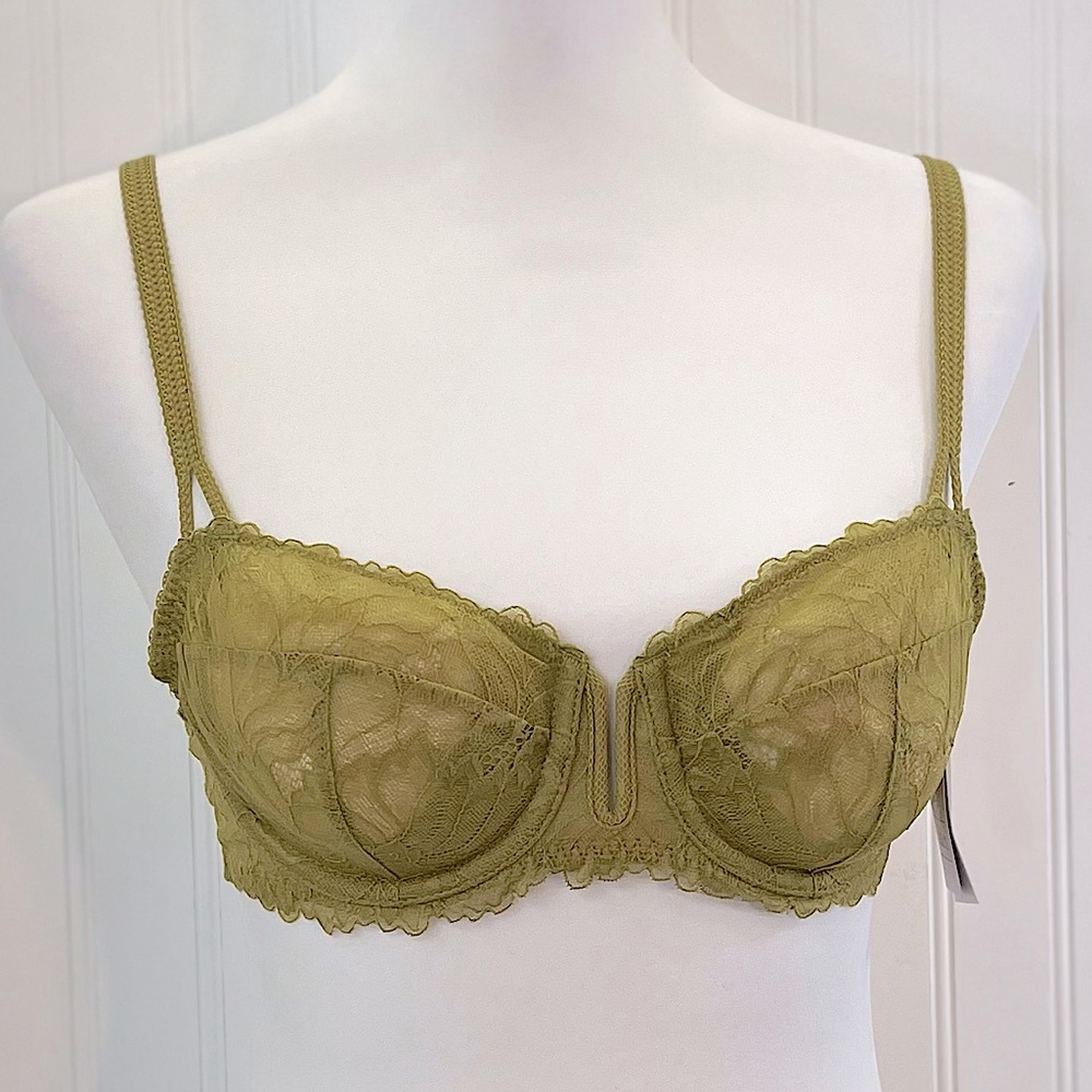 Auden Unlined Semi Sheer Lace Balconette Coverage Underwire Bra Olive Green